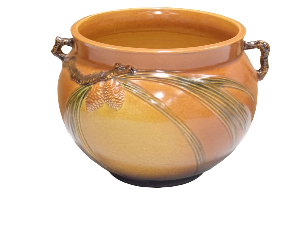 Vintage Roseville Pottery Pine Cone Hanging Jardiniere Planter or Vase: Vintage Roseville Pottery Pine Cone Hanging Jardiniere Planter or Vase 402-8" All pictures are considered part of the description and should be examined carefully by bidders. Live Auctioneers is