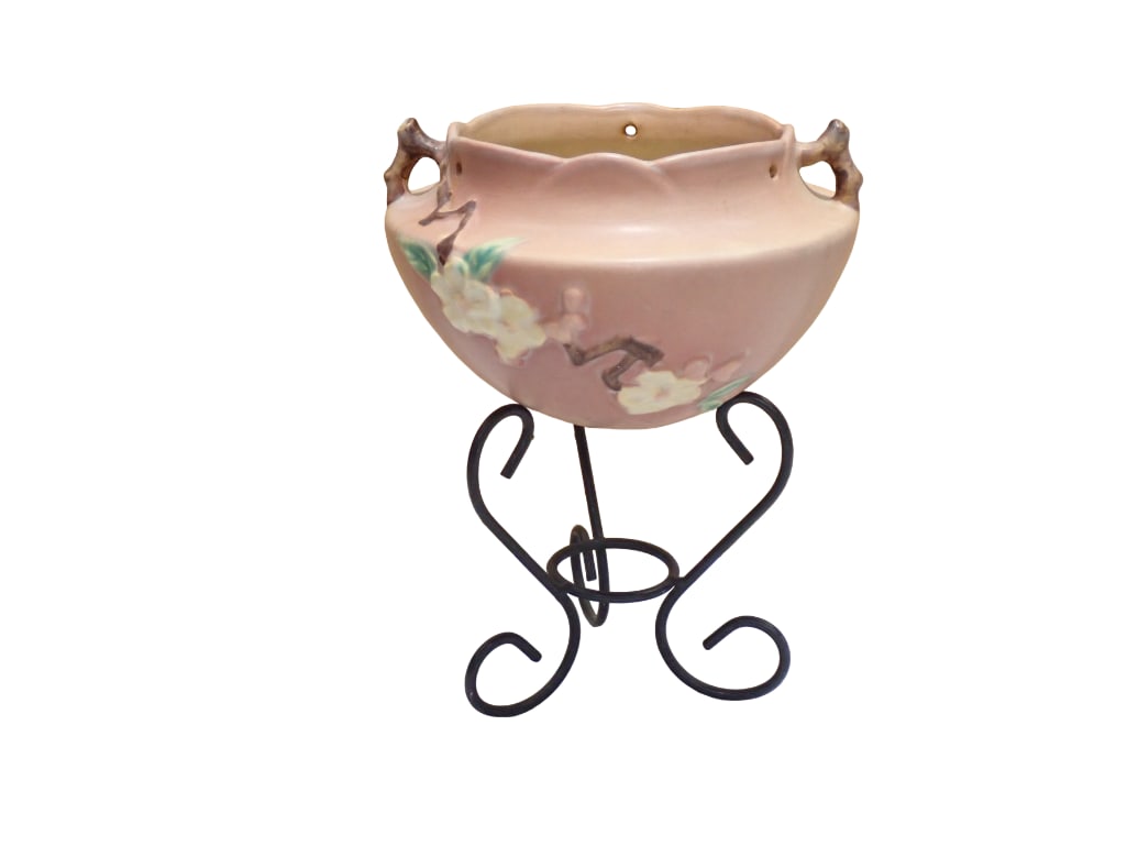 Vintage Roseville Pottery Apple Blossom Pink Hanging Planter with a Metal Stand (1 of 7)