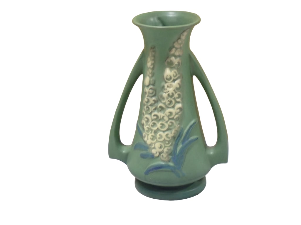 Vintage Roseville Pottery Foxglove Vase Green 51-10: Vintage Roseville Pottery Foxglove Vase Green 51-10" All pictures are considered part of the description and should be examined carefully by bidders. Live Auctioneers is now offering Live Shippi