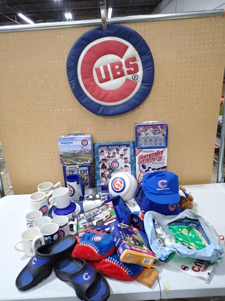 Chicago Cubs Lot including Hats, Slippers, Mugs, Lunchbox, Slammin' Sammy's, Ballpark Cart, Plush: Chicago Cubs Lot including Hats, Slippers, Mugs, Lunchbox, Slammin' Sammy's, Ballpark Cart, Plush, etc. All pictures are considered part of the description and should be examined carefully by