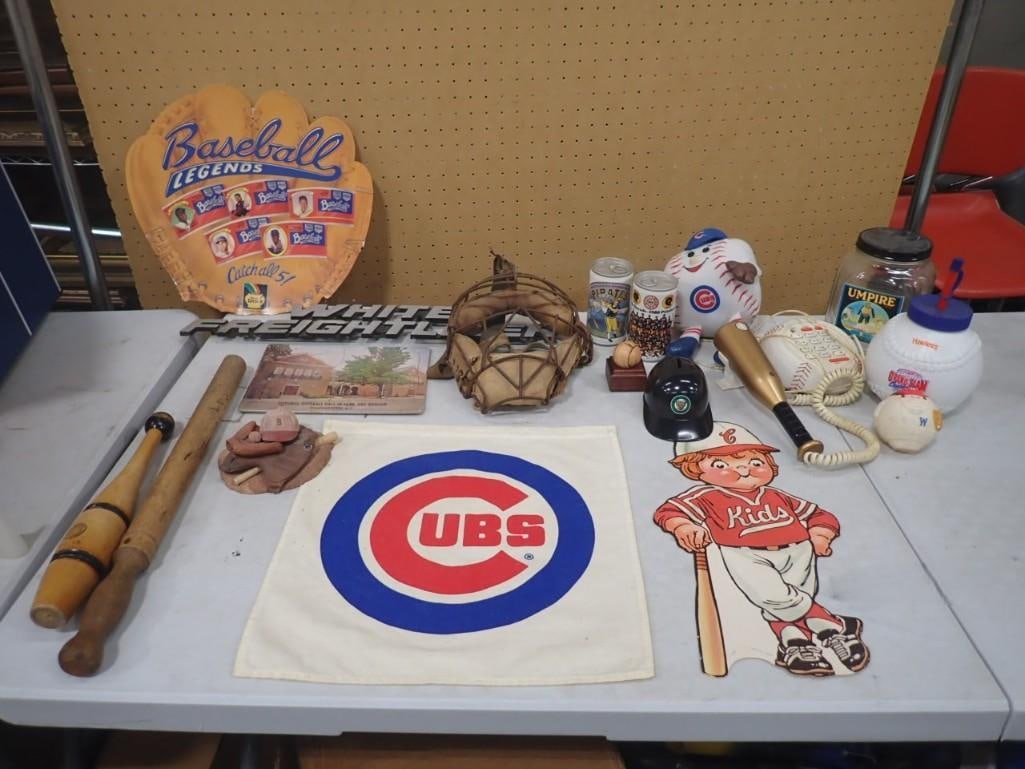 Misc. Sports Lot including Catcher's Mask, Chicago Cubs, Vintage Pirates Beer Cans, Baseball Telepho (1 of 6)
