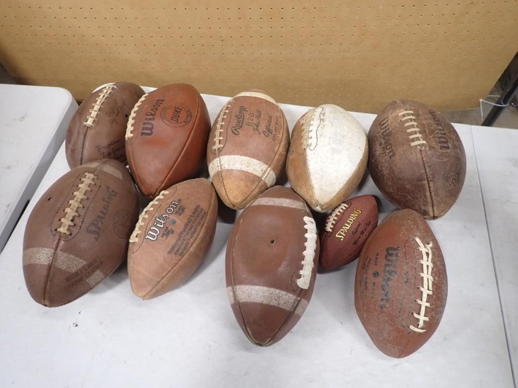 Lot of 10 Footballs including Spalding, Wilson, Vintage, etc.: Lot of 10 Footballs including Spalding, Wilson, Vintage, etc. All pictures are considered part of the description and should be examined carefully by bidders. Live Auctioneers is now offering Live Shi