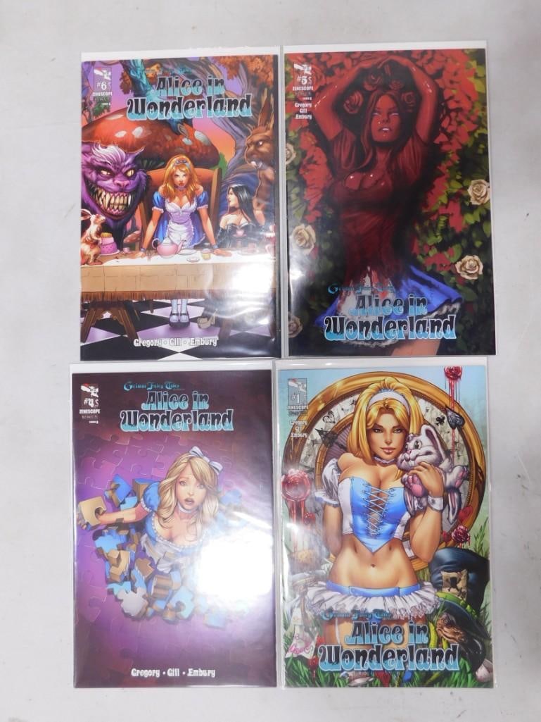 4 Alice in Wonderland Zenescope Risque Adult Comic Books: Comic Books including 4 Alice in Wonderland Zenescope Risque Adult Comic Books All pictures are considered part of the description and should be examined carefully by bidders. Live Auctioneers is now