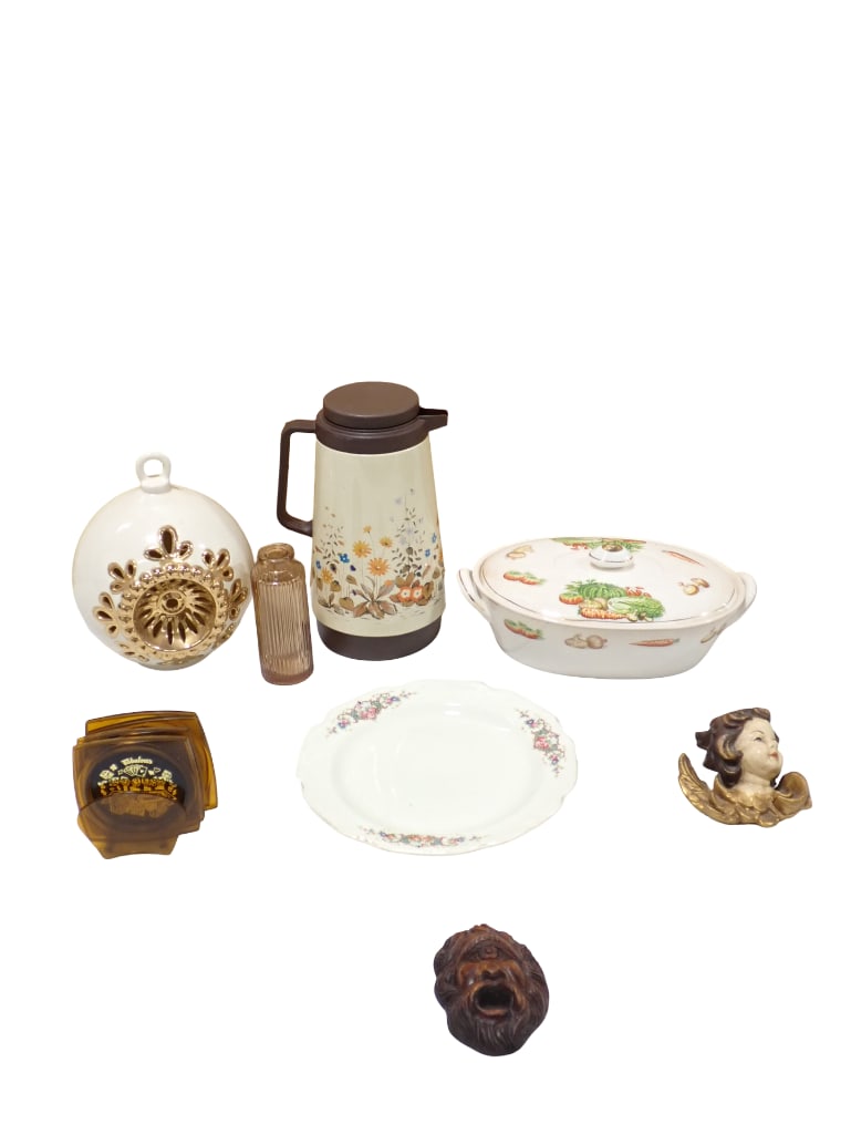 Misc incl Vintage Plate, Casserole Dish, Coffee Pot, Coasters, Christmas Ornament or Lamp Cover, Etc (1 of 7)