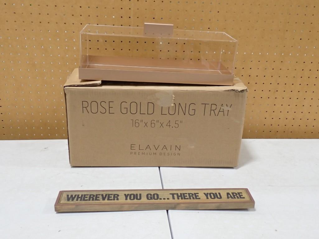 Rose Gold Colored Display Case and Novelty Sign: Rose Gold Colored Display Case and Novelty Sign "Wherever You Go...There You Are" All pictures are considered part of the description and should be examined carefully by bidders. Live Auctio