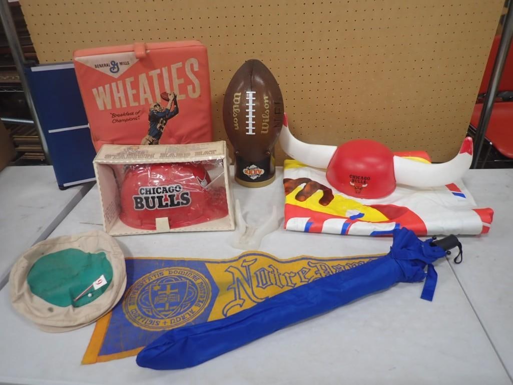 Sports Lot including Old Notre Dame Pennant, Chicago Bulls Hard Hat, Horns, Doritos and Lays Inflata (1 of 10)