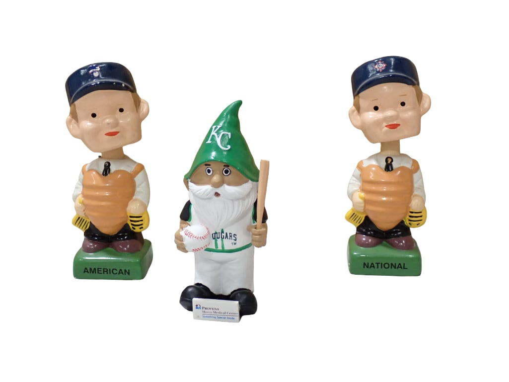 2 Baseball Bobbleheads incl National League and American League and a Kane County Cougars Gnome (1 of 5)