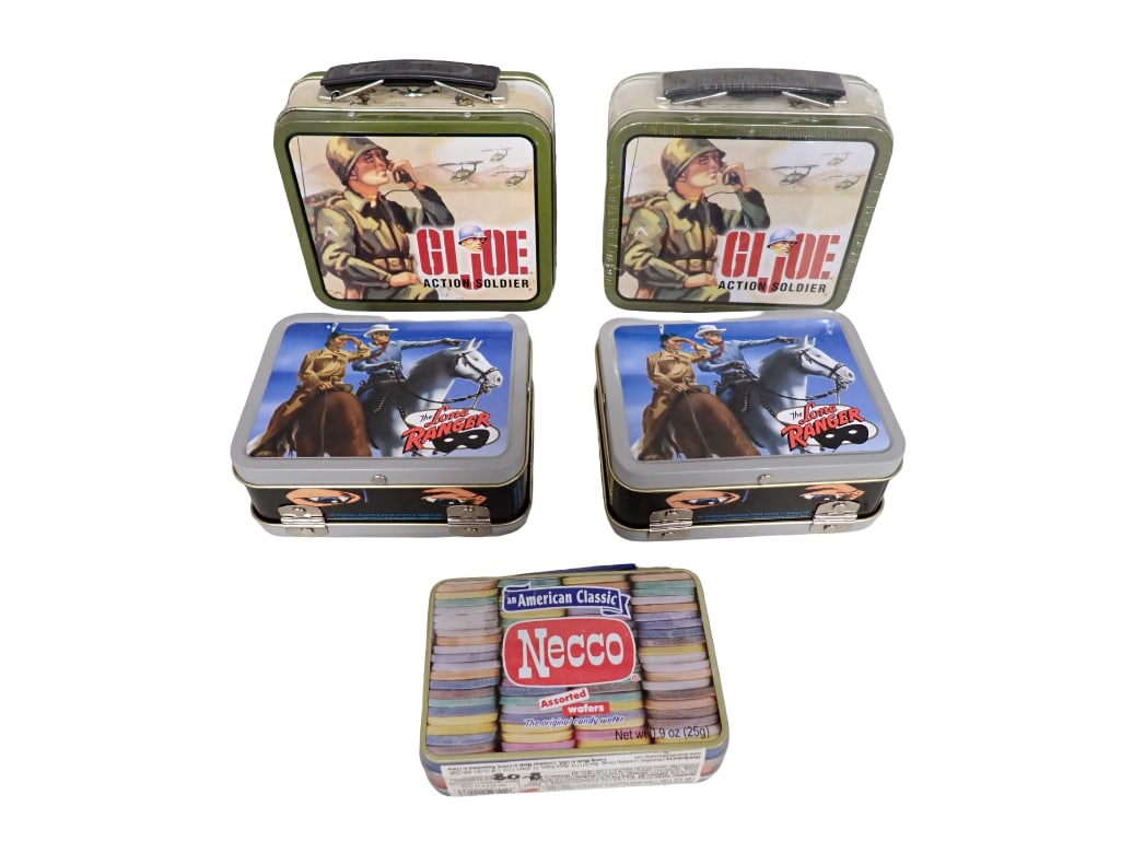2 GI Joe and 2 Lone Ranger Metal Lunchboxes, Plastic Soldiers or Army Men, Necco Wafers Metal Lunchb (1 of 9)