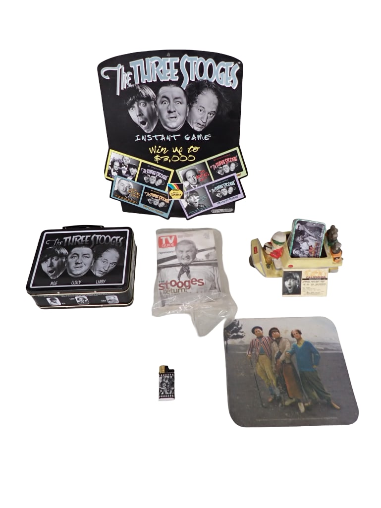 The Three Stooges Lot incl Metal Lunchbox, Illinois Lottery Instant Game Store Display, TV Guide, (1 of 11)