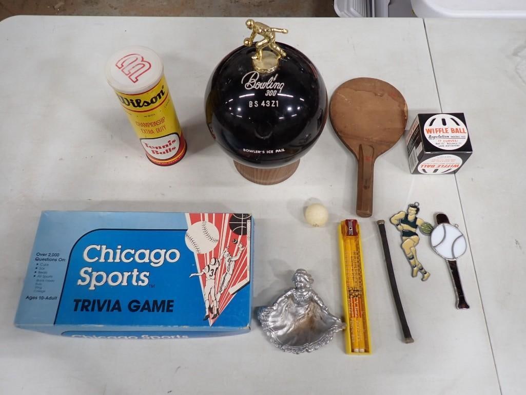 Sports Lot including Bowling Ball Trophy, Vintage Chicago Sports Trivia Game, Paddle, Tennis Ball Co (1 of 9)