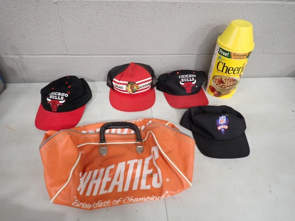Vintage Wheaties Sport Bag, Chicago Bulls, Blackhawks, NFL Hats, Vintage Cheerios Crayon Pack: Vintage Wheaties Sport Bag, Chicago Bulls, Blackhawks, NFL Hats, Vintage Cheerios Crayon Pack All pictures are considered part of the description and should be examined carefully by bidders. Live Auct