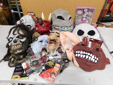 Large Lot of Halloween Masks and Decorations incl Many New with Tags