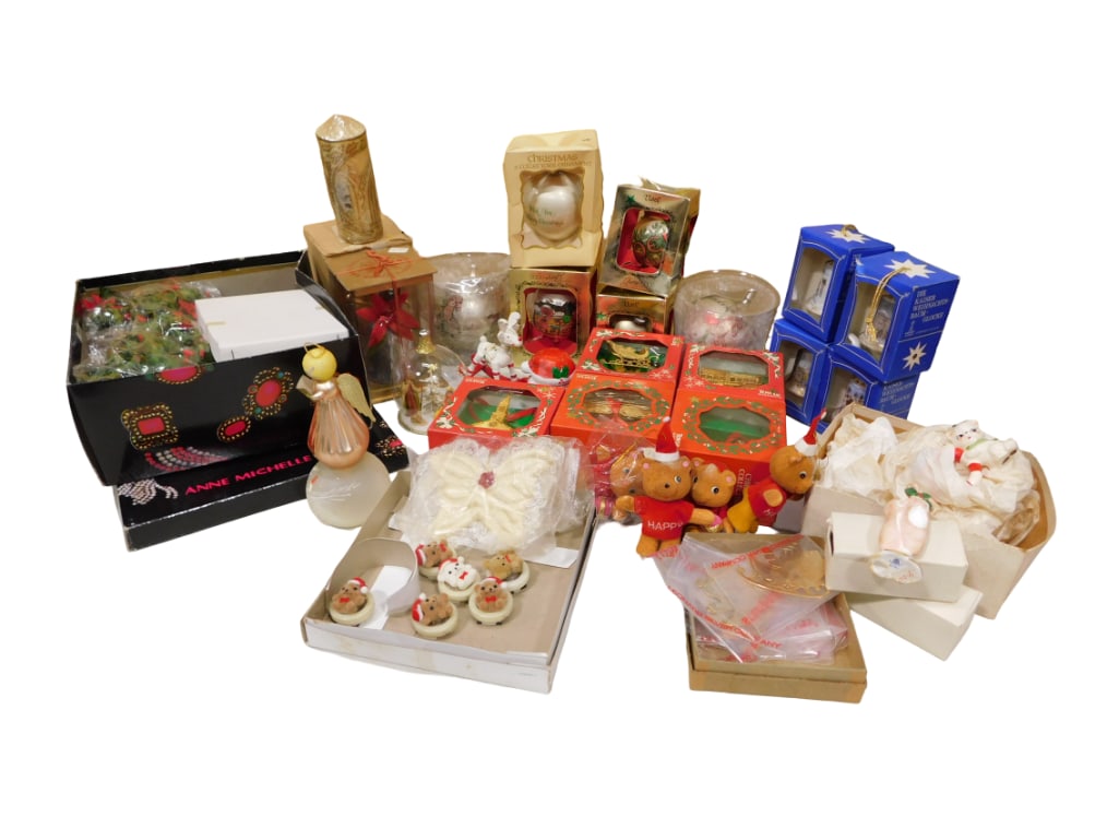 Asst Christmas Ornaments incl Bears, Angel, Kaiser Christmas Bells, etc: Asst Christmas Ornaments incl Bears, Angel, Kaiser Christmas Bells, etc All pictures are considered part of the description and should be examined carefully by bidders. Live Auctioneers is now offerin