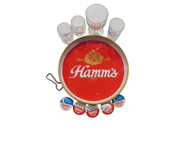 Vintage Hamm's Beer Lot incl Metal Bar Tray, Buttons, Beer Glasses