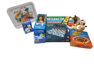 Toys and Games Lot Mostly Vintage incl Vintage Walt Disney TV Tray, Career Pals Doll, Stadium Checke