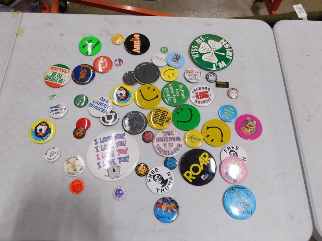 Lot of Pin Back Buttons incl Smiley Faces, Novelty, Advertising, etc (1 of 4)