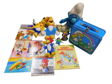 Toys Lot incl Vintage Smurfette Metal Lunchbox, Woody Woodpecker Plush, Smurf Plush, Woody Woodpecke