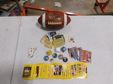 Sports Lot including Wilson Football, Baseball and Basketball Cards including Rookies, Pitch Counter