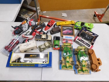 Lot of Toy Cars and Vehicles incl Conoco 1937 Tractor Tanker Bank in Original Box, 2 Formula Car Mod