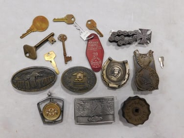 Vintage and Antique Key Lot and Belt Buckles including USPS, Wild Turkey, Aspen, etc