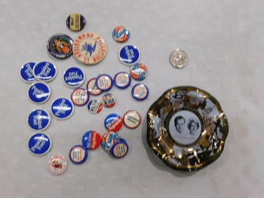 Vintage Political Lot including Buttons, Glass Dish/ Ashtray Featuring Richard Nixon