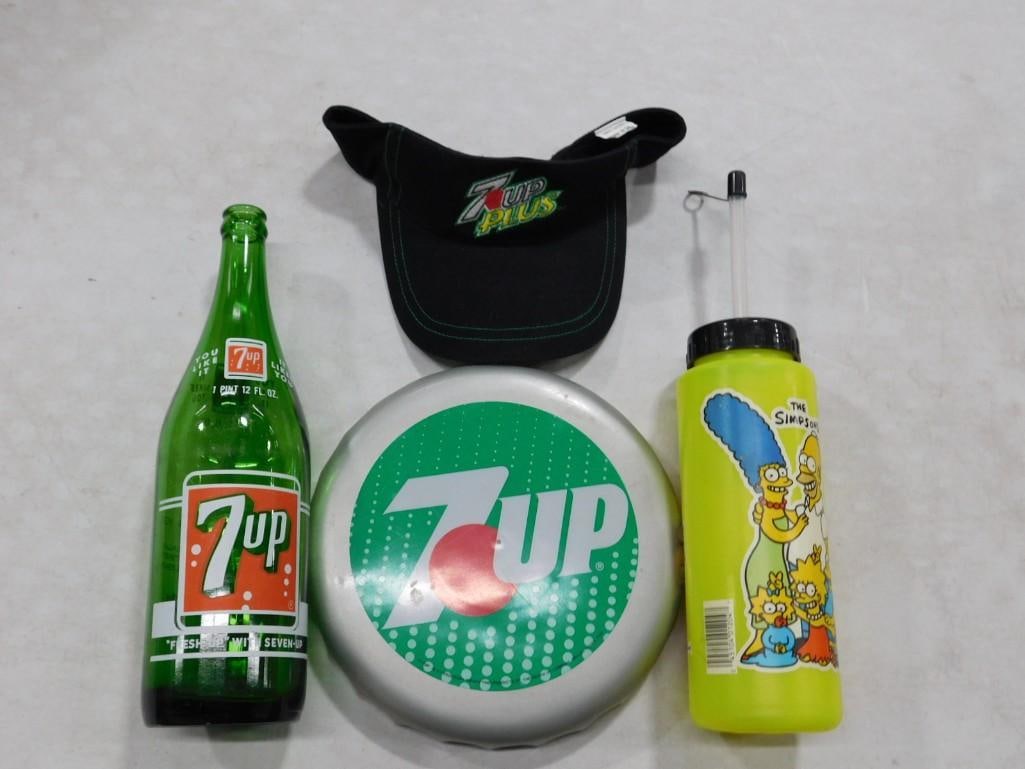 7up Lot etc. Including Bottle, 7up Plus Hat, Bottle Cap Frisbee, plus a Simpsons Water Bottle (1 of 4)