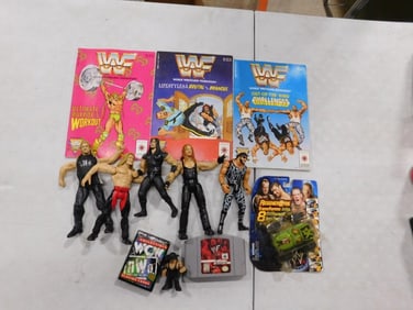 Wrestling Lot including WWF / WWE Action Figures, Valiant Comic Books, Nintendo 64 Game, Playing