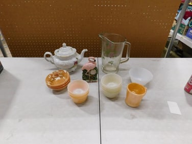 Kitchen Lot, etc. Including Lustreware Bowls, Tea Pot, Pink Flamingo Clock, Glass Pitcher