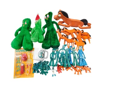 Huge Gumby and Pokey Lot incl Plush, G Blockhead Figure, Gumby Fireman Adventure Costume