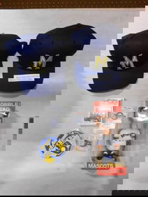 Milwaukee Brewers Lot incl Bobble Head, 2 New Hats, Baseball Cards, Pin, Button