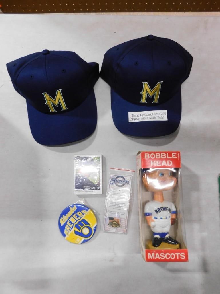 Milwaukee Brewers Lot incl Bobble Head, 2 New Hats, Baseball Cards, Pin, Button (1 of 4)