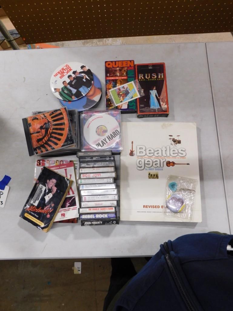Rock Band Lot including Cassettes, CDs, VHS Videos, Buttons, etc. Including Queen, Rush, NKOTB (1 of 5)