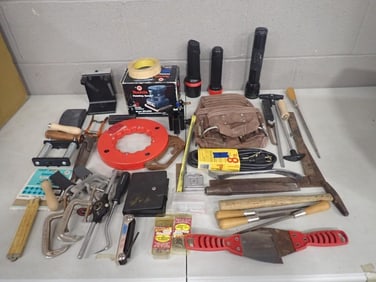 Assorted Tool Lot including Sander, Files, C Clamps, Flashlights, Alan Wrenches, Belt, etc.
