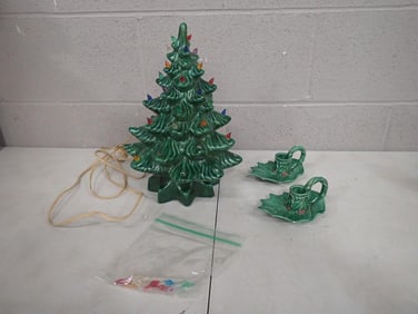 Vintage Ceramic Christmas Tree - It works and Two Christmas Candle Holders