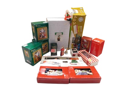 Christmas Lot including Bear Lights, Porcelain gift or trinket Boxes, Belleek, M&M's, Train Set,