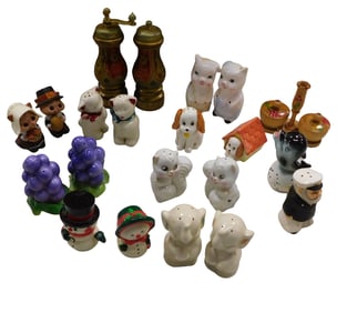 Assorted Salt and Pepper Shakers including Grapes, Animals, Porcelain, etc.