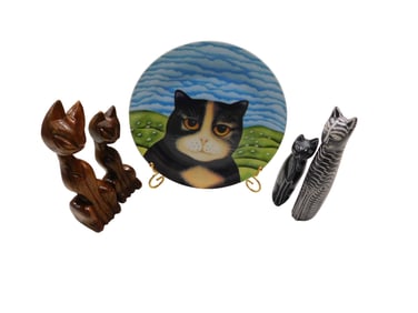 Cat Lot including Wood Carved, Martin Leman Department 56 Plate, Stone Kenyan Cats