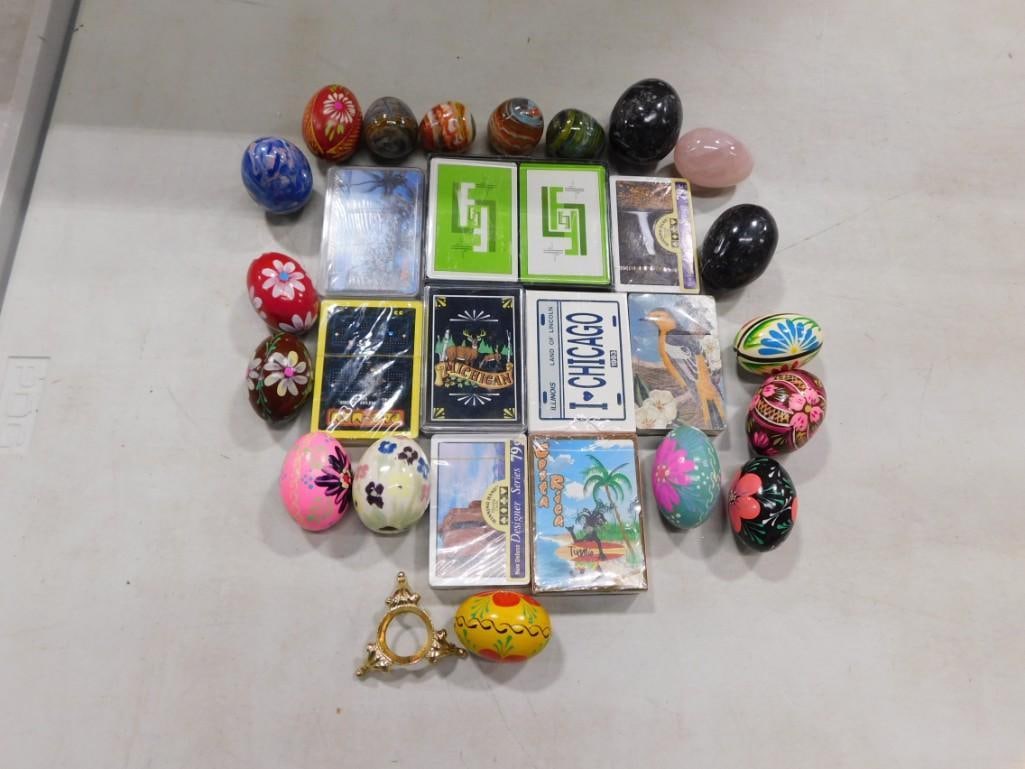 Lot of Hand Painted Decorative Eggs, Stone Eggs, Vintage Playing Cards including Pac Man (1 of 3)