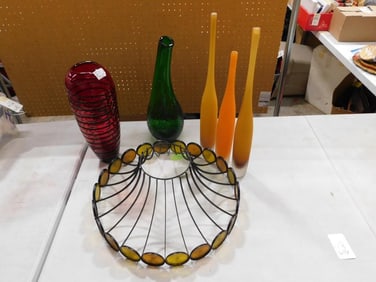 Art Glass Vases including Frosted Orange Spire Bottles, Red Vase with Black Spiral Piping, Green