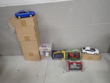 Toy Car Lot etc. Including a White Model X Tesla, 7 Blue Teslas, Funko Pop, Jeep WIllys, Ford 1934