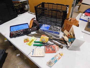 Large Lot of assorted Tools including Files, Socket Set, Plates, hardware, Belt, etc.