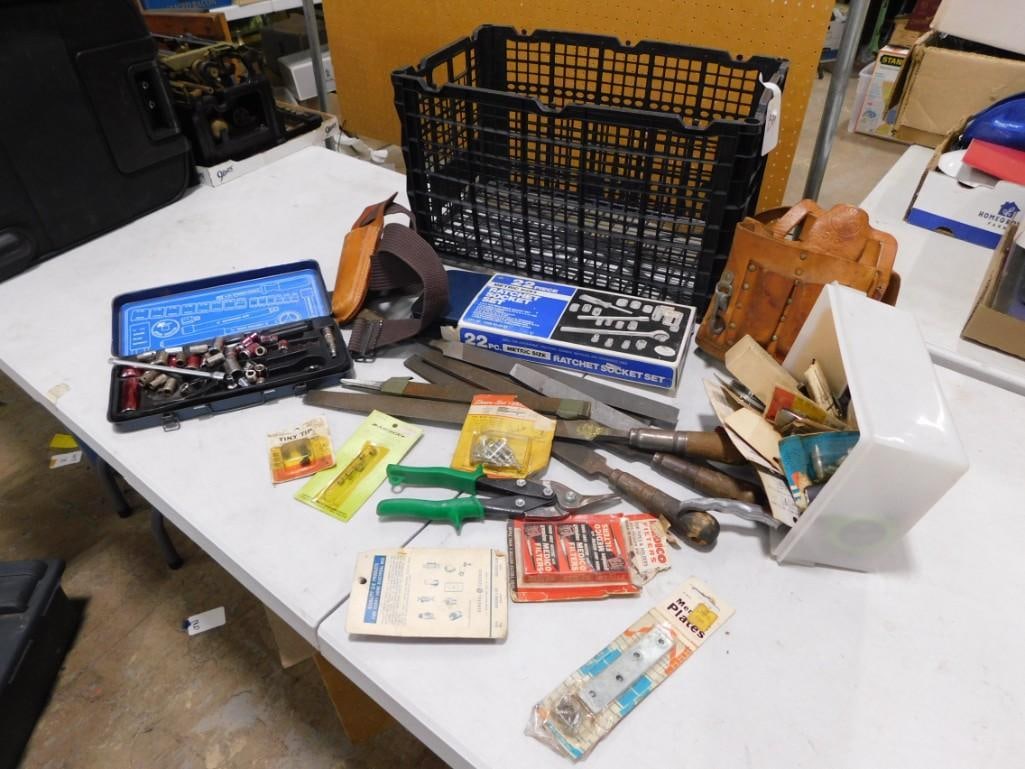 Large Lot of assorted Tools including Files, Socket Set, Plates, hardware, Belt, etc. (1 of 4)