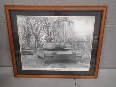 Framed Jody Harmon Signed Military Print "Movement to Contact" Measures roughly 16x20"