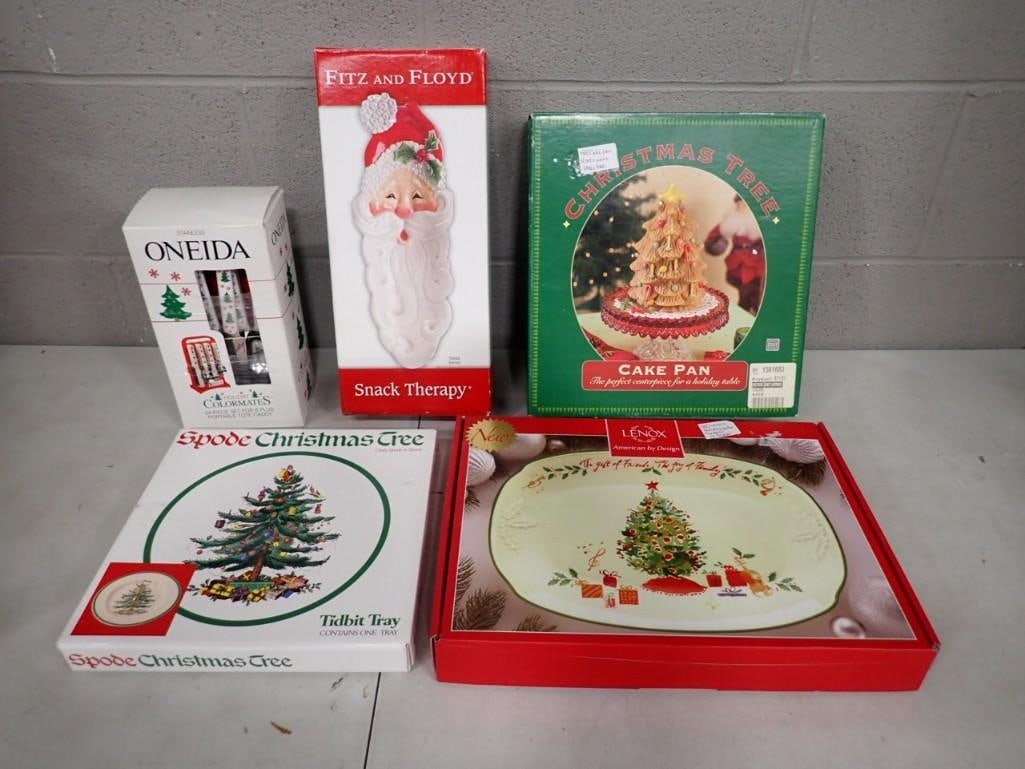 Christmas Decor Lot including Spode Tidbit Tray, Fitz and Floyd Snack Therapy, Cake Pan, Lenox, Onei (1 of 6)