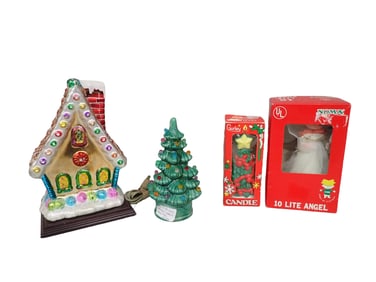 Thomas Pacconi Classics blown glass gingerbread house, Light up Ceramic Christmas Tree (works),