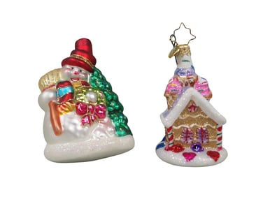 Two Christopher Radko Christmas Ornaments - Snow man and Gingerbread House