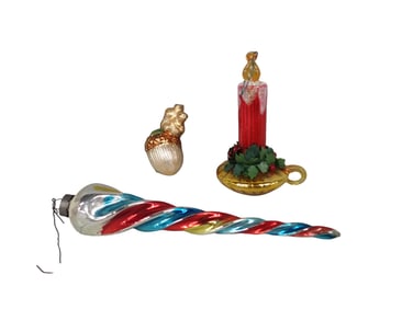 3 Christopher Radko Christmas Oranments - Candle, Acorn and Icicle