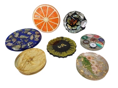 Lot of 7 Hot Plate Trivets including Abalone Design, Bottle Caps, Orange, Flower, etc.