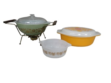 Vintage Pyrex Lot including "Medallion" casserole dish with a cradle and candle warmer, Seville