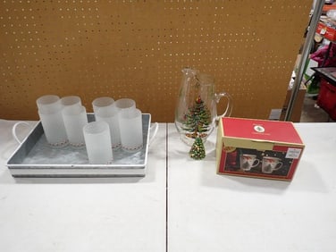 Christmas Lot including Spode Coffee Christmas Tree Mugs with Box, Frosted Glasses, Pitcher